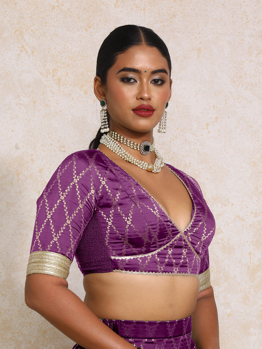 Rivya x Tyohaar Saree Blouse, in Purple Viscose Silk Brocade, featuring elbow sleeves and v-neckline (view 8).