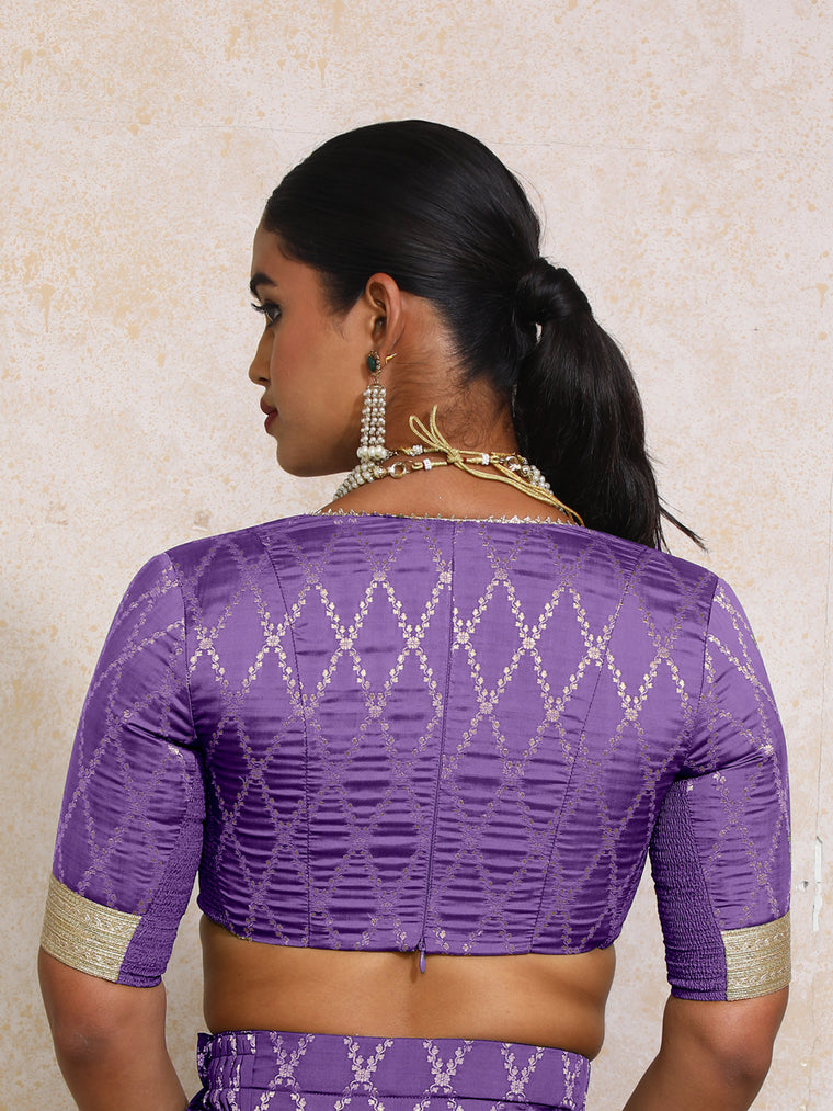 Rivya x Tyohaar Saree Blouse, in Purple Viscose Silk Brocade, featuring elbow sleeves and v-neckline (view 2).