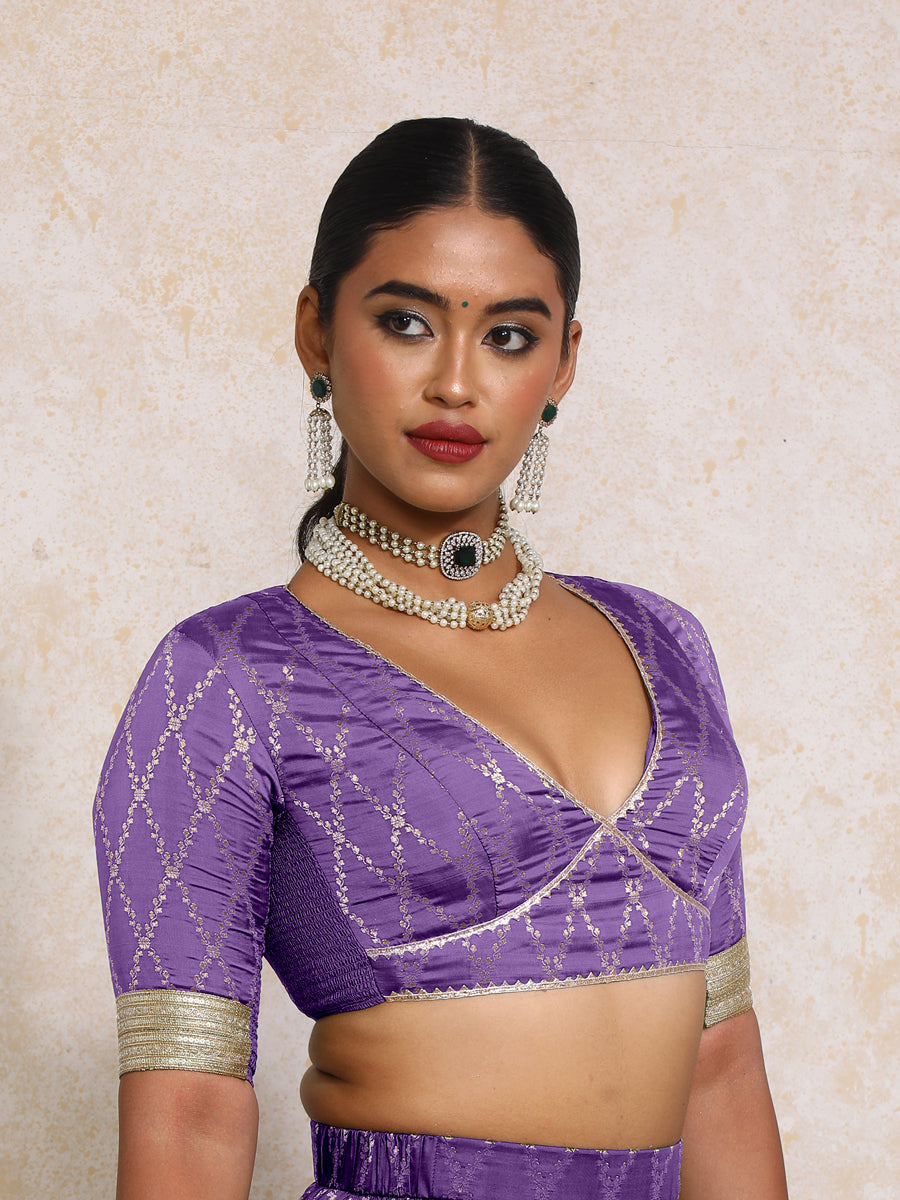 Rivya x Tyohaar Saree Blouse, in Purple Viscose Silk Brocade, featuring elbow sleeves and v-neckline (view 5).