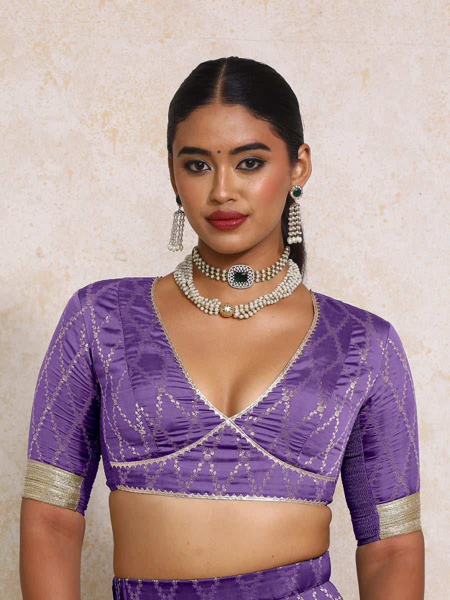 Rivya x Tyohaar Saree Blouse, in Purple Viscose Silk Brocade, featuring elbow sleeves and v-neckline (view 6).