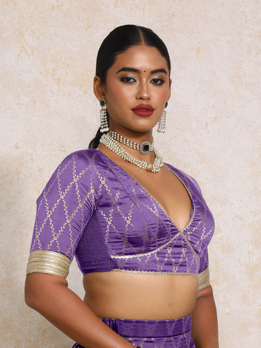 Rivya x Tyohaar Saree Blouse, in Purple Viscose Silk Brocade, featuring elbow sleeves and v-neckline (view 7).