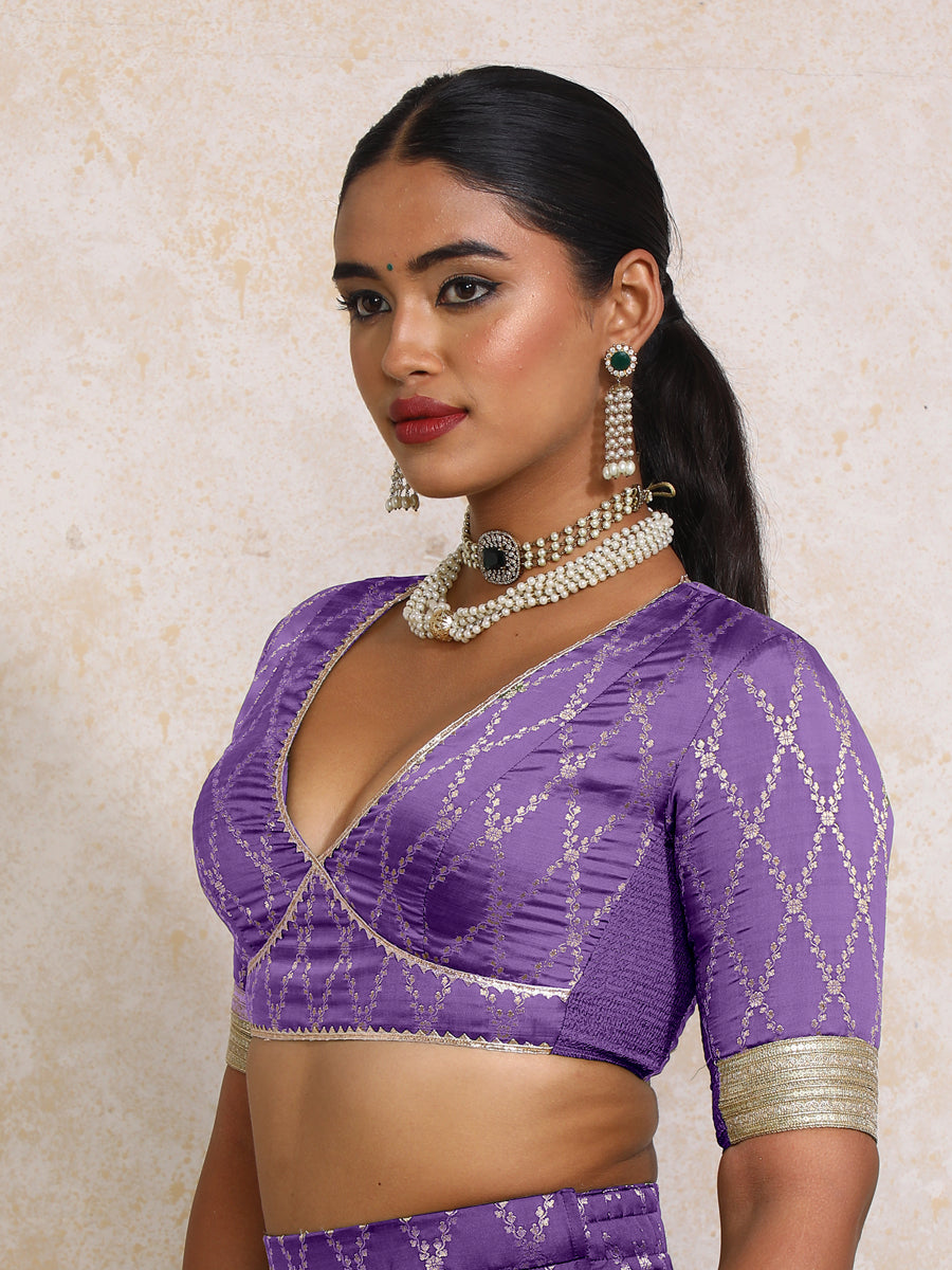 Rivya x Tyohaar Saree Blouse, in Purple Viscose Silk Brocade, featuring elbow sleeves and v-neckline (view 8).