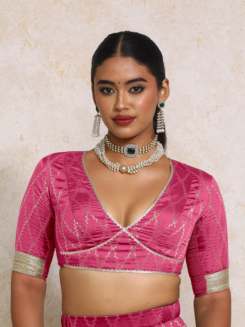 Rivya x Tyohaar | Elbow Sleeves Rosy Pink Vine Mesh Brocade Saree Blouse-Binks