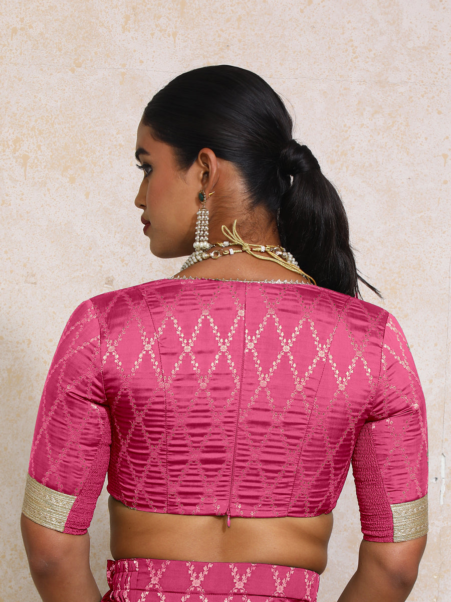 Rivya x Tyohaar Saree Blouse, in Pink Viscose Silk Brocade, featuring elbow sleeves and v-neckline, made for party & festive.