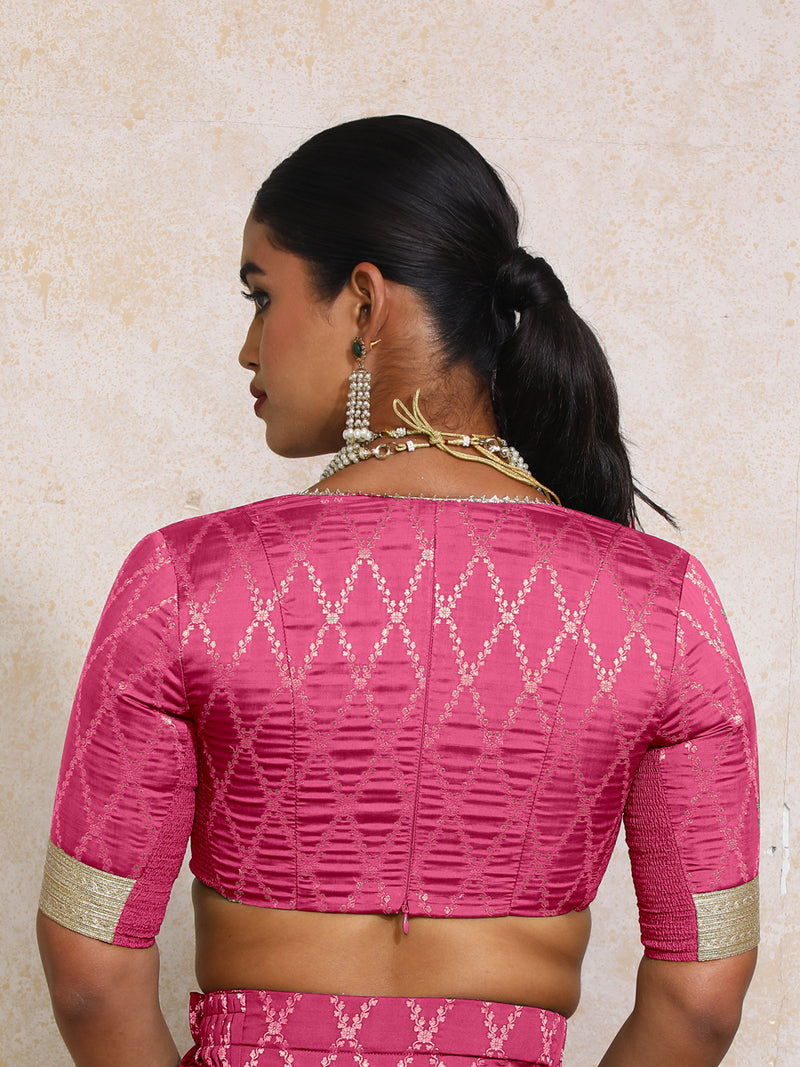 Rivya x Tyohaar | Elbow Sleeves Rosy Pink Vine Mesh Brocade Saree Blouse-Binks