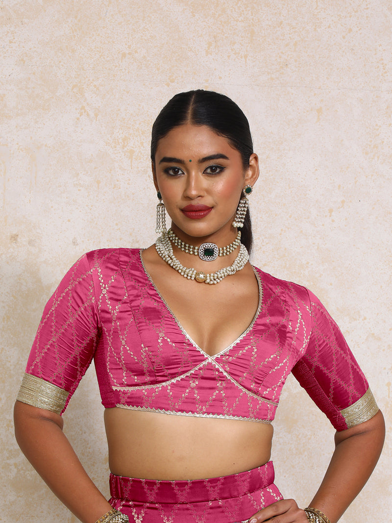 Rivya x Tyohaar | Elbow Sleeves Rosy Pink Vine Mesh Brocade Saree Blouse-Binks