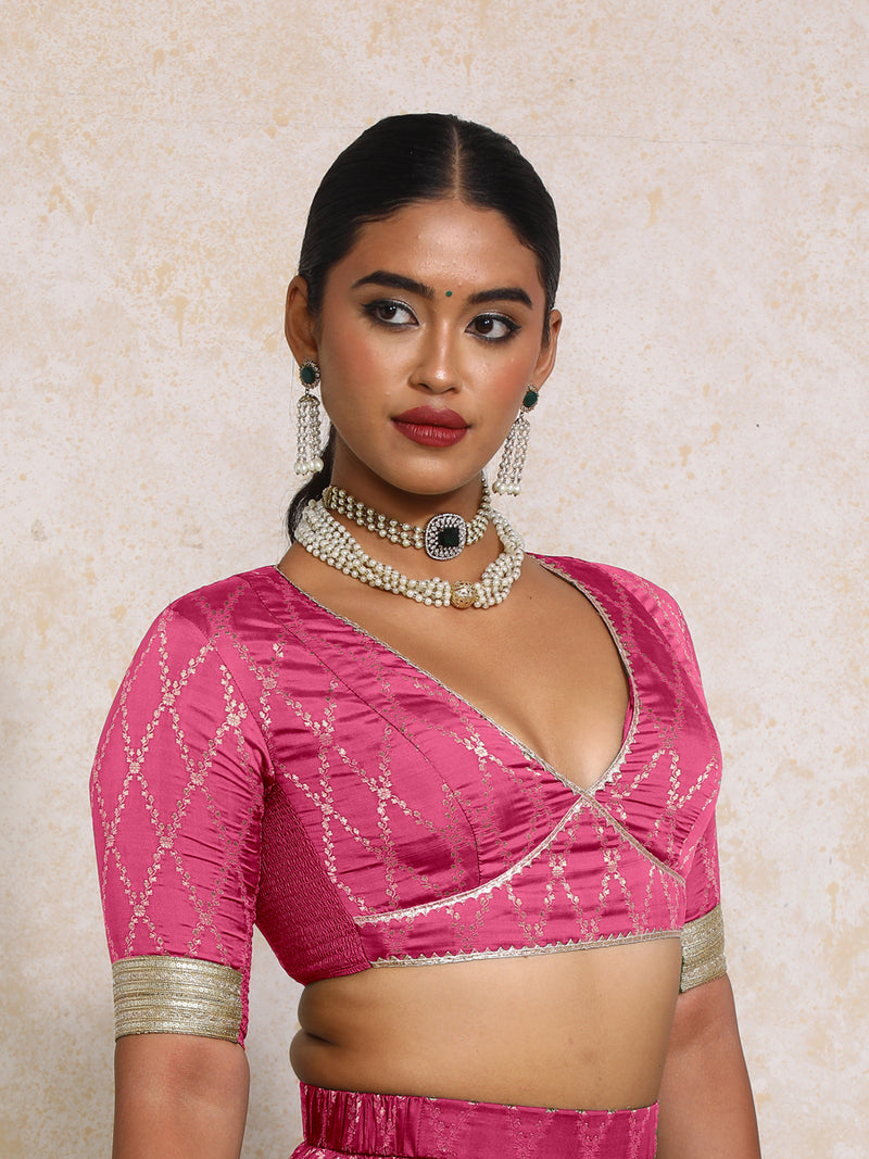 Rivya x Tyohaar | Elbow Sleeves Rosy Pink Vine Mesh Brocade Saree Blouse-Binks