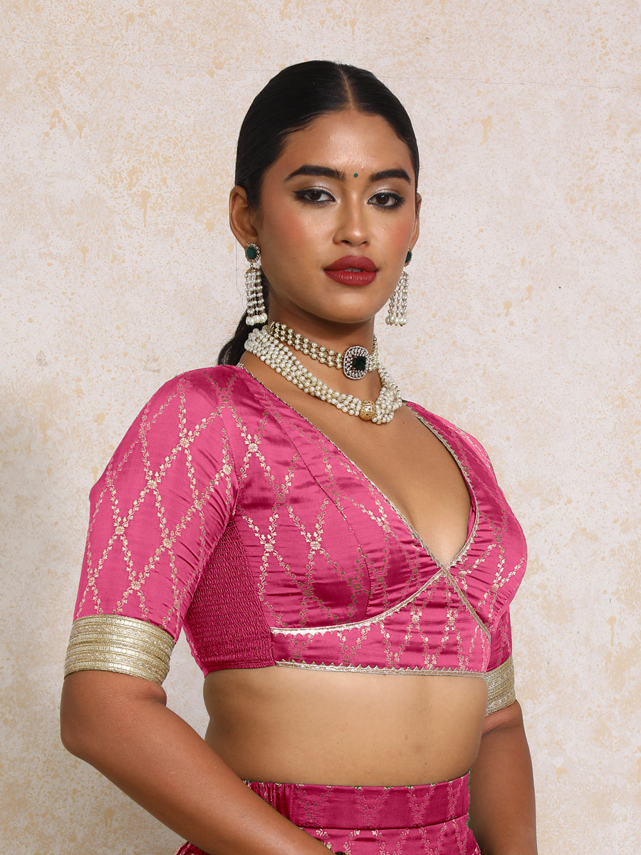 Rivya x Tyohaar Saree Blouse, in Pink Viscose Silk Brocade, featuring elbow sleeves and v-neckline, made for party & festive.
