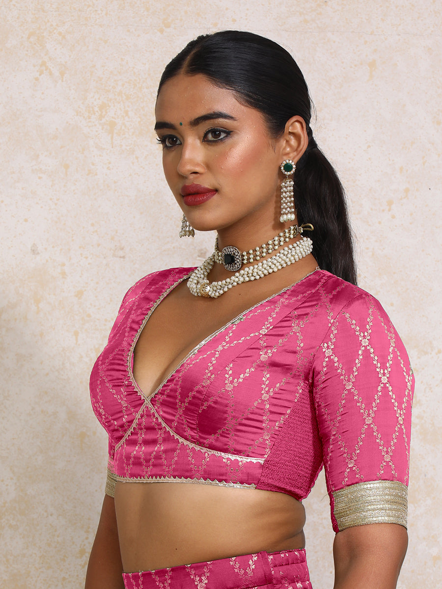 Rivya x Tyohaar Saree Blouse, in Pink Viscose Silk Brocade, featuring elbow sleeves and v-neckline, made for party & festive.