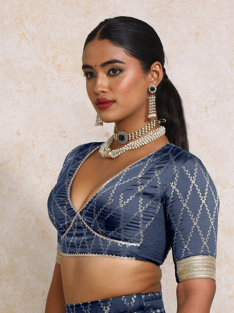 Rivya x Tyohaar | Elbow Sleeves Royal Navy Vine Mesh Brocade Saree Blouse-Binks