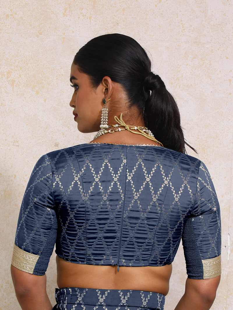 Rivya x Tyohaar | Elbow Sleeves Royal Navy Vine Mesh Brocade Saree Blouse-Binks