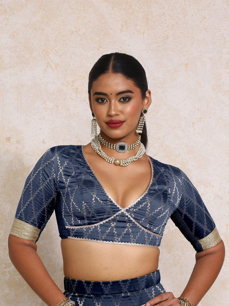 Rivya x Tyohaar | Elbow Sleeves Royal Navy Vine Mesh Brocade Saree Blouse-Binks