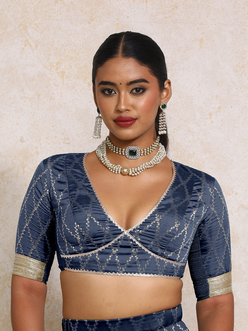 Rivya x Tyohaar | Elbow Sleeves Royal Navy Vine Mesh Brocade Saree Blouse-Binks
