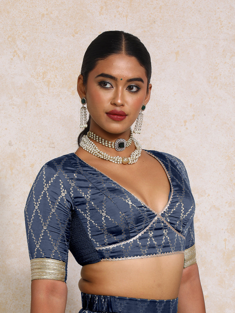 Rivya x Tyohaar | Elbow Sleeves Royal Navy Vine Mesh Brocade Saree Blouse-Binks