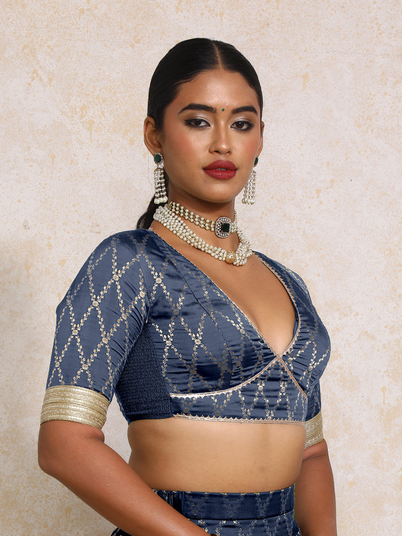 Rivya x Tyohaar | Elbow Sleeves Royal Navy Vine Mesh Brocade Saree Blouse-Binks