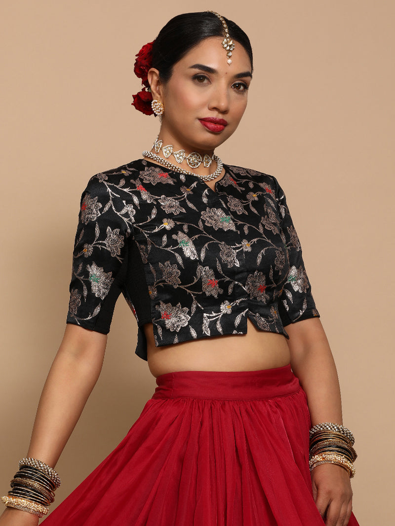 Riyana x Tyohaar | Elbow Sleeves Satin Viscose Saree Blouse in Black Meenakari Fabric-Binks