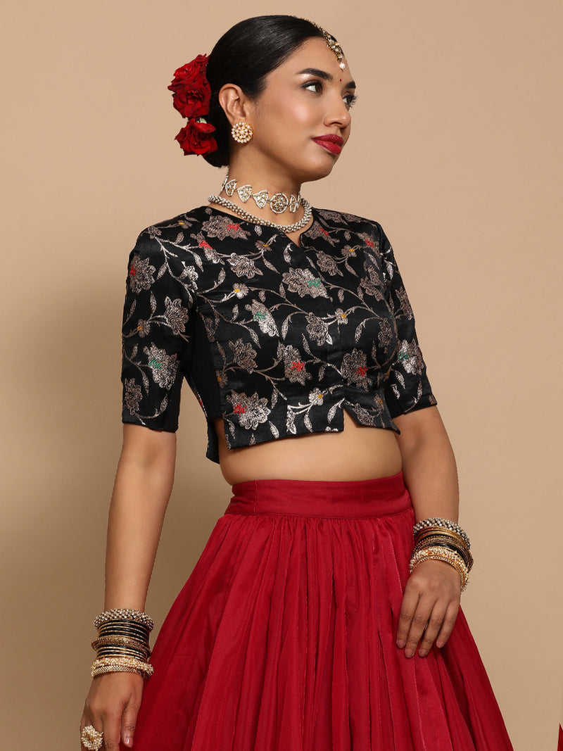 Riyana x Tyohaar | Elbow Sleeves Satin Viscose Saree Blouse in Black Meenakari Fabric-Binks