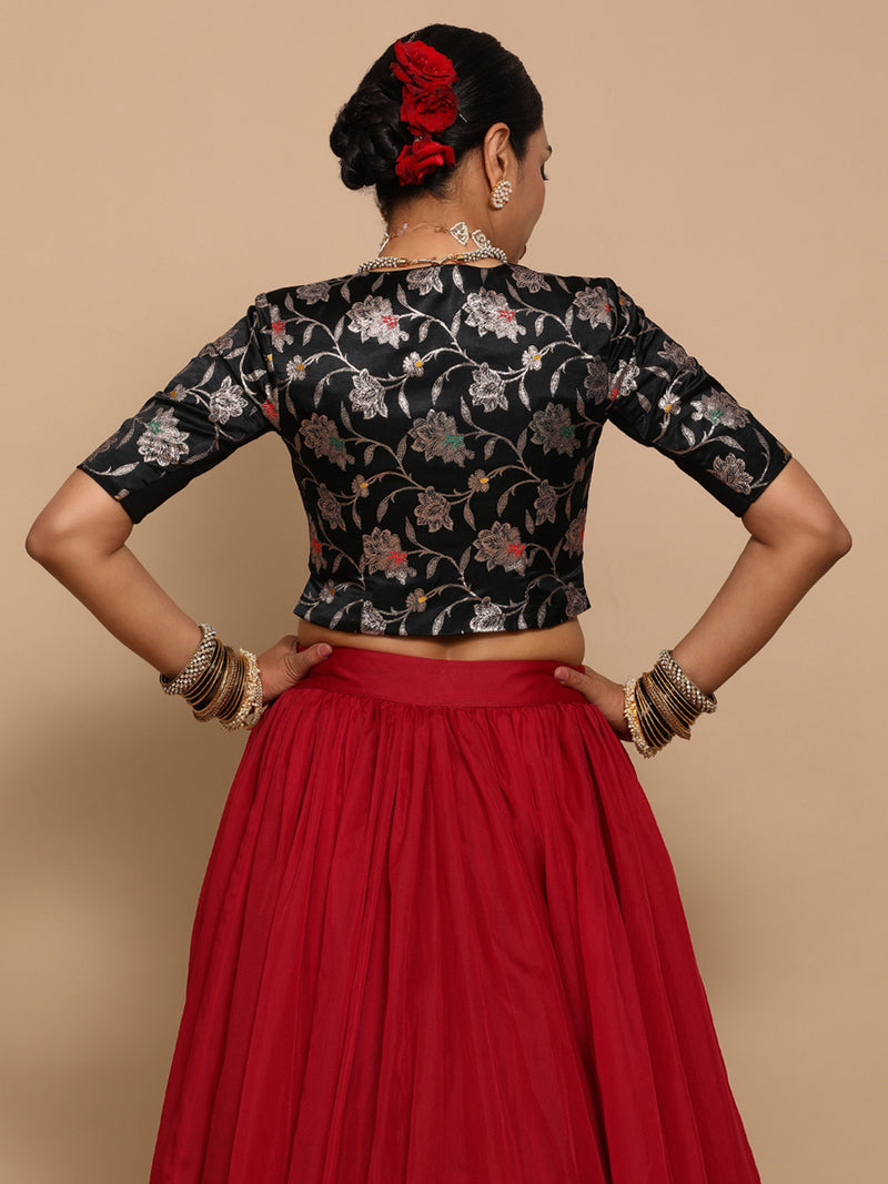 Riyana x Tyohaar | Elbow Sleeves Satin Viscose Saree Blouse in Black Meenakari Fabric-Binks