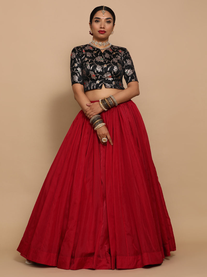 Riyana x Tyohaar | Elbow Sleeves Satin Viscose Saree Blouse in Black Meenakari Fabric-Binks