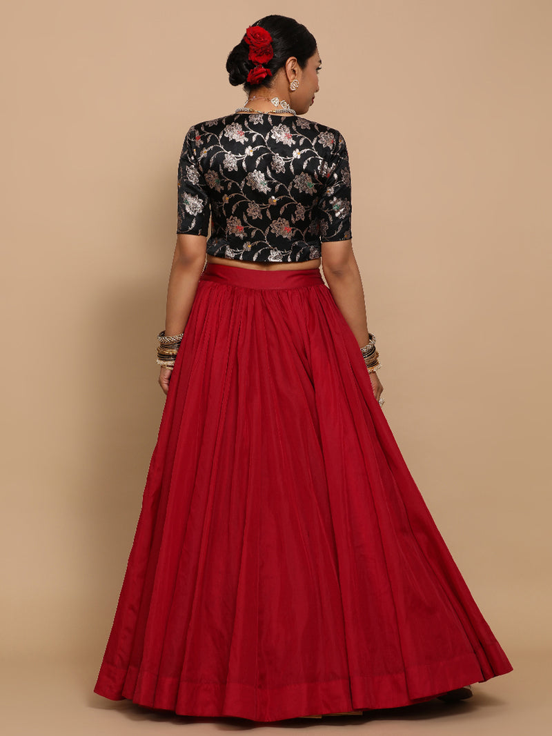 Riyana x Tyohaar | Elbow Sleeves Satin Viscose Saree Blouse in Black Meenakari Fabric-Binks