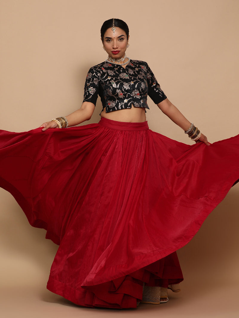 Riyana x Tyohaar | Elbow Sleeves Satin Viscose Saree Blouse in Black Meenakari Fabric-Binks