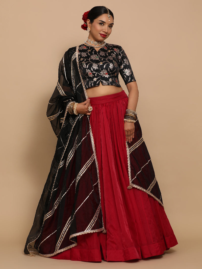 Riyana x Tyohaar | Elbow Sleeves Satin Viscose Saree Blouse in Black Meenakari Fabric-Binks