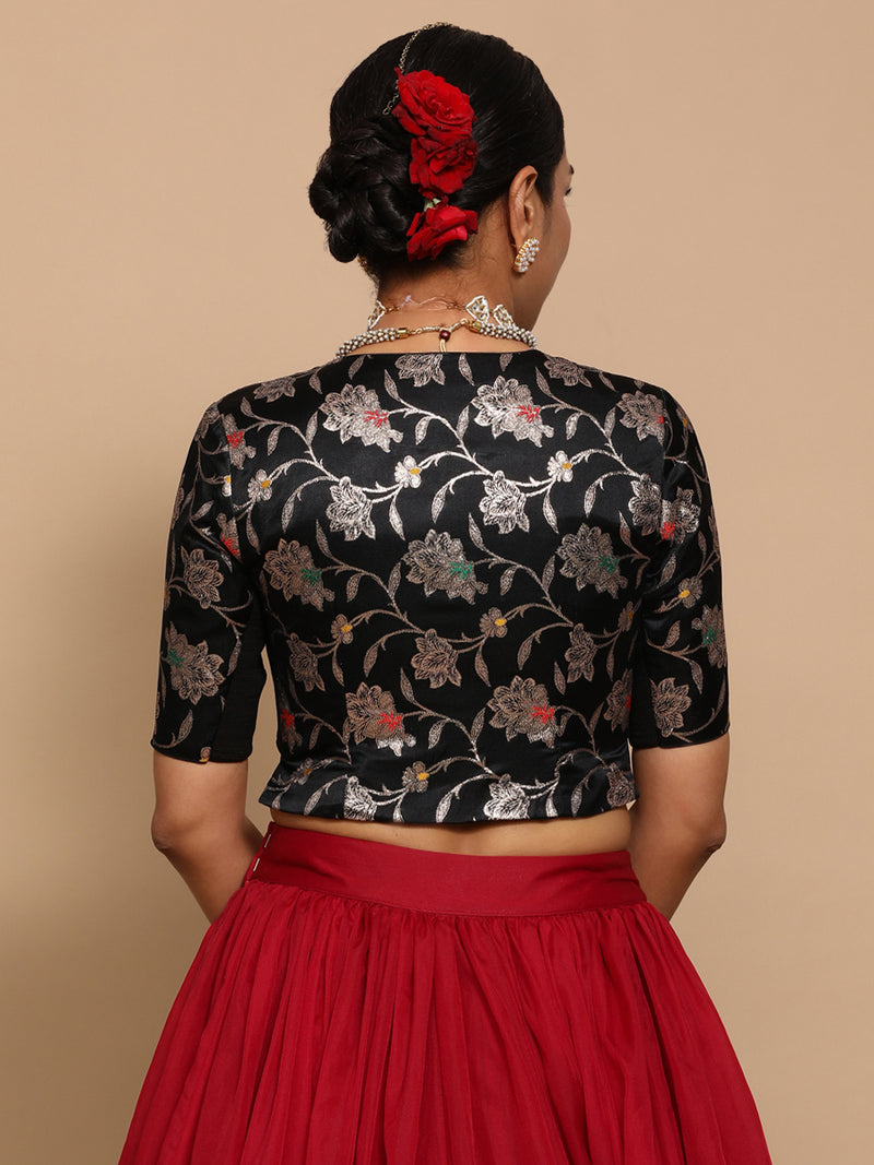 Riyana x Tyohaar | Elbow Sleeves Satin Viscose Saree Blouse in Black Meenakari Fabric-Binks