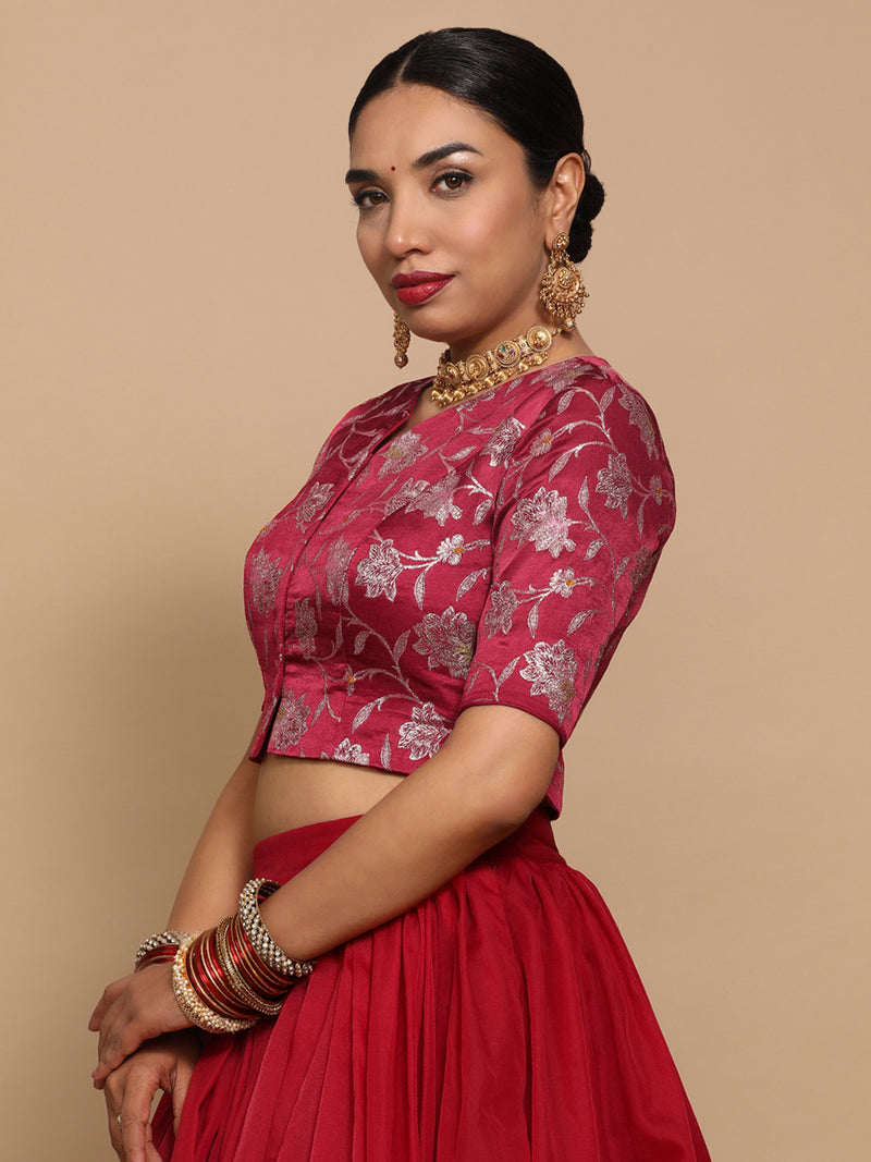 Riyana x Tyohaar | Elbow Sleeves Satin Viscose Saree Blouse in Red Meenakari Fabric-Binks