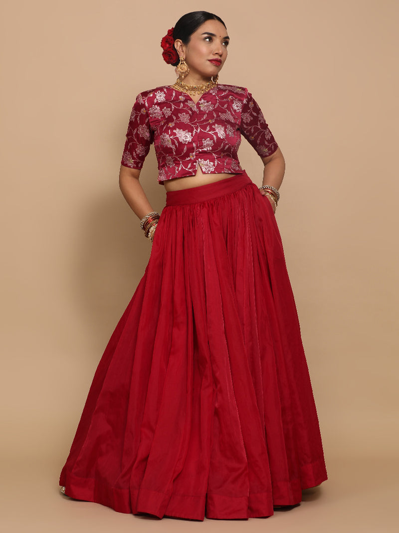 Riyana x Tyohaar | Elbow Sleeves Satin Viscose Saree Blouse in Red Meenakari Fabric-Binks