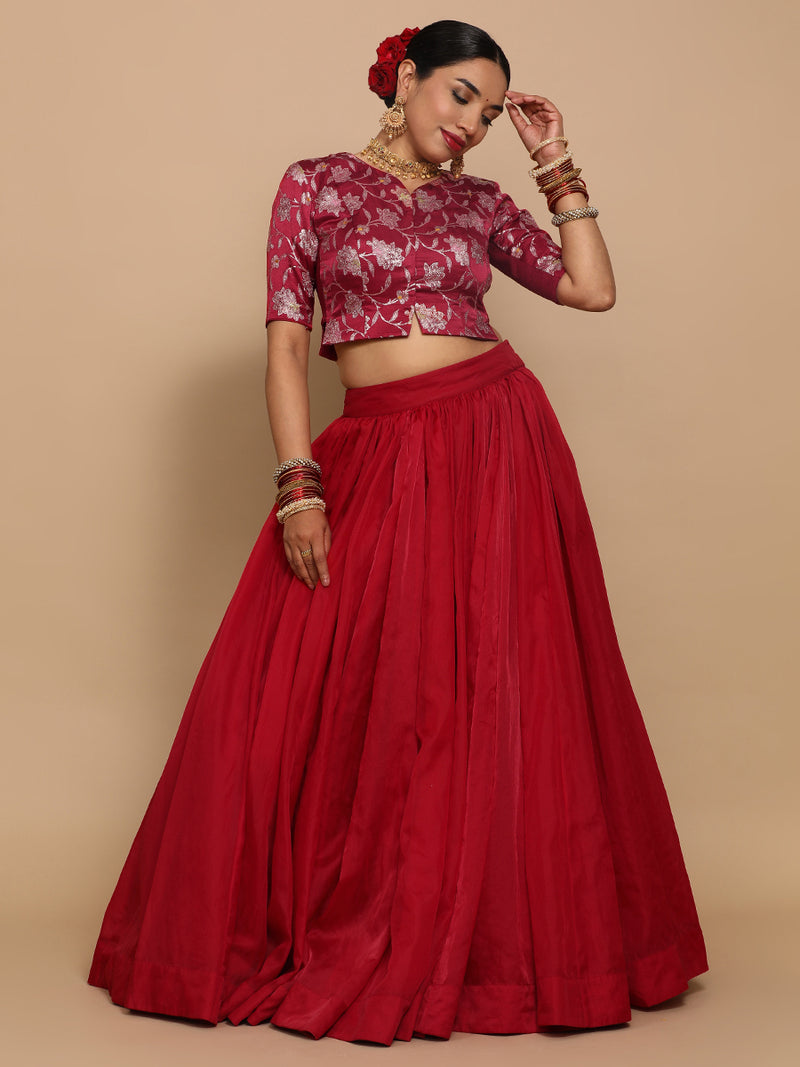 Riyana x Tyohaar | Elbow Sleeves Satin Viscose Saree Blouse in Red Meenakari Fabric-Binks
