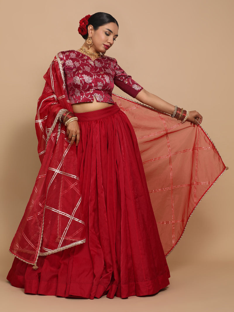 Riyana x Tyohaar | Elbow Sleeves Satin Viscose Saree Blouse in Red Meenakari Fabric-Binks