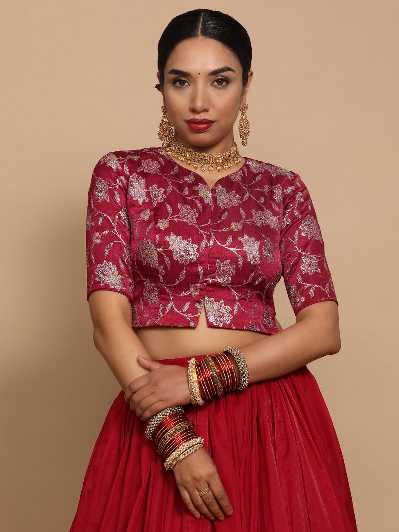 Riyana x Tyohaar | Elbow Sleeves Satin Viscose Saree Blouse in Red Meenakari Fabric-Binks
