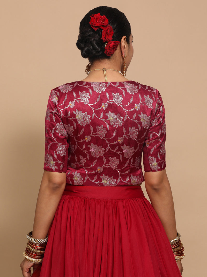 Riyana x Tyohaar | Elbow Sleeves Satin Viscose Saree Blouse in Red Meenakari Fabric-Binks