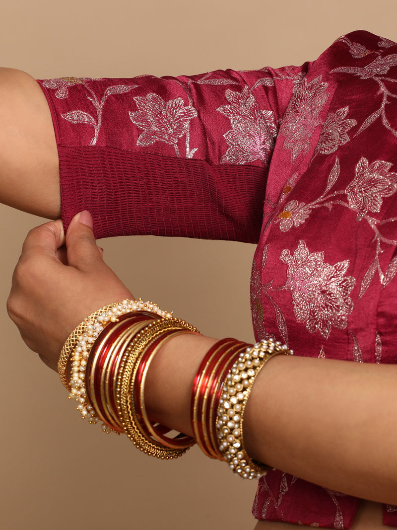 Riyana x Tyohaar | Elbow Sleeves Satin Viscose Saree Blouse in Red Meenakari Fabric-Binks