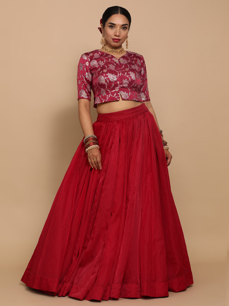 Riyana x Tyohaar | Elbow Sleeves Satin Viscose Saree Blouse in Red Meenakari Fabric-Binks