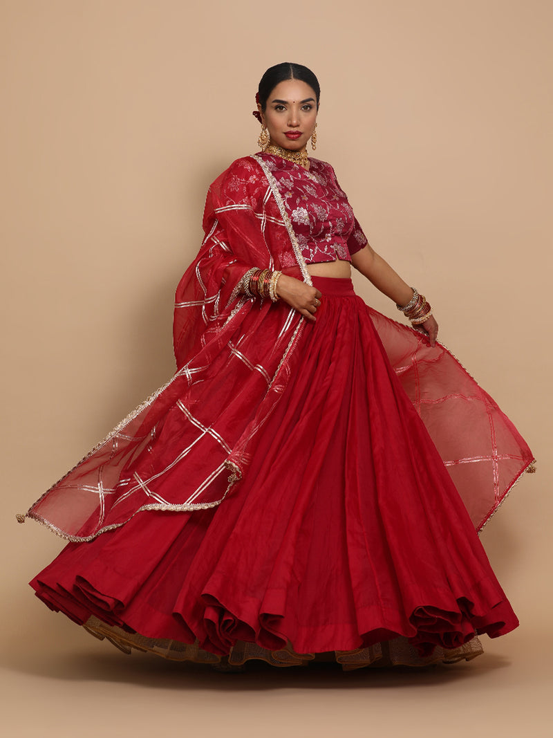 Riyana x Tyohaar | Elbow Sleeves Satin Viscose Saree Blouse in Red Meenakari Fabric-Binks