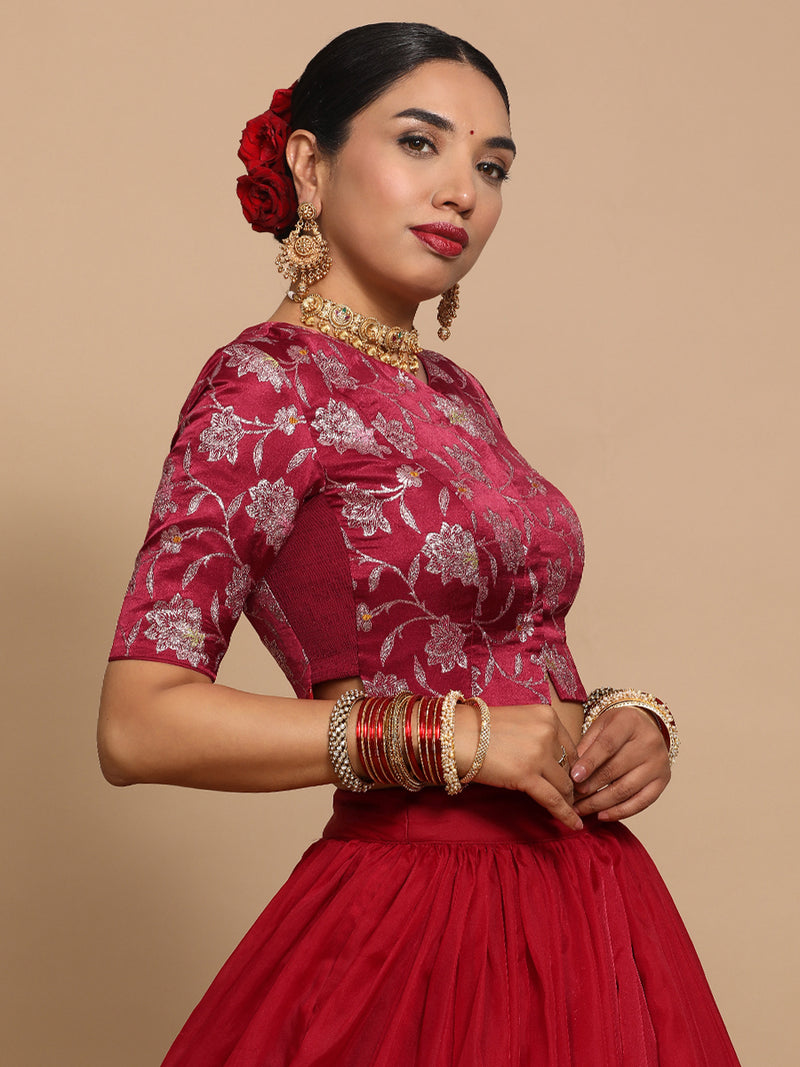 Riyana x Tyohaar | Elbow Sleeves Satin Viscose Saree Blouse in Red Meenakari Fabric-Binks