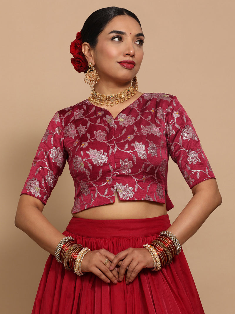Riyana x Tyohaar | Elbow Sleeves Satin Viscose Saree Blouse in Red Meenakari Fabric-Binks