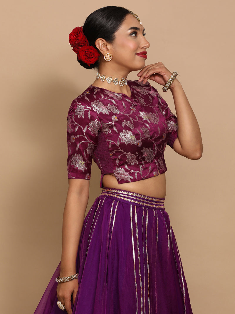 Riyana x Tyohaar | Elbow Sleeves Satin Viscose Saree Blouse in Violet Meenakari Fabric-Binks