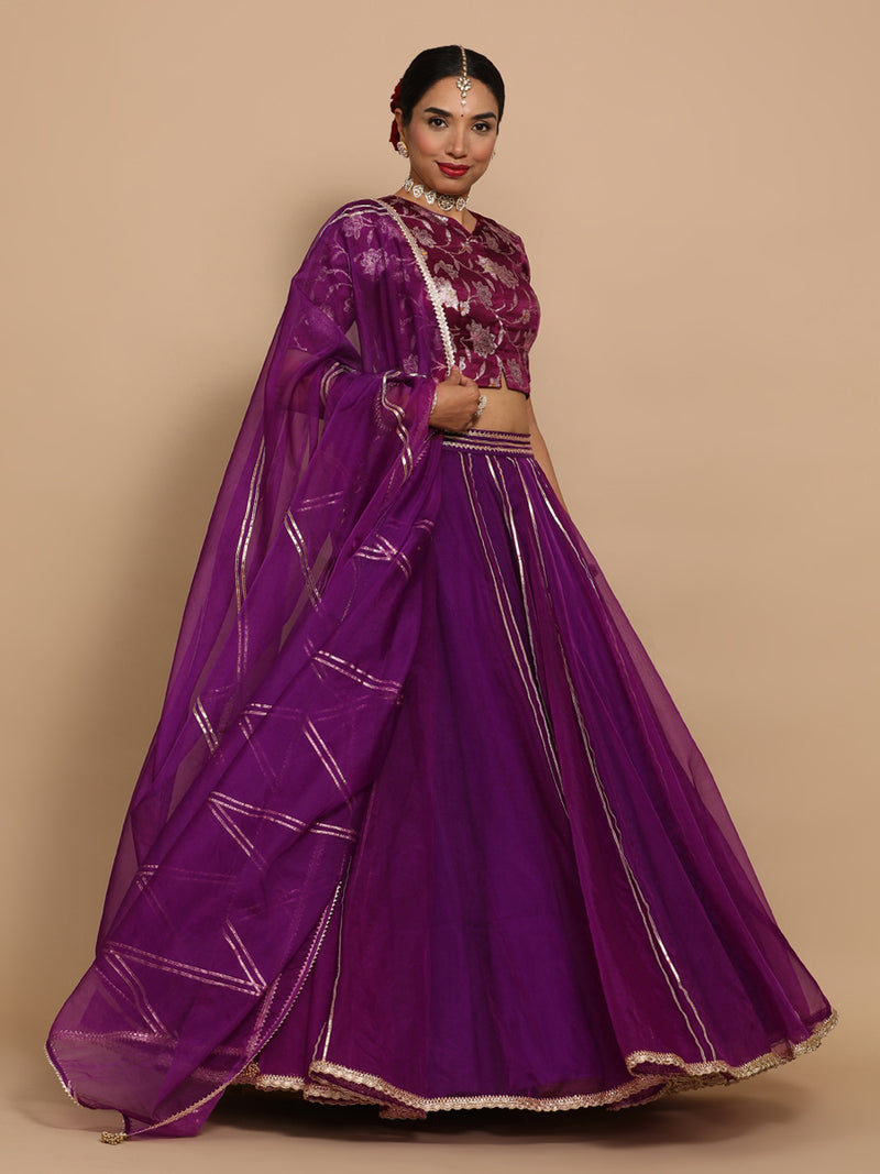 Riyana x Tyohaar | Elbow Sleeves Satin Viscose Saree Blouse in Violet Meenakari Fabric-Binks