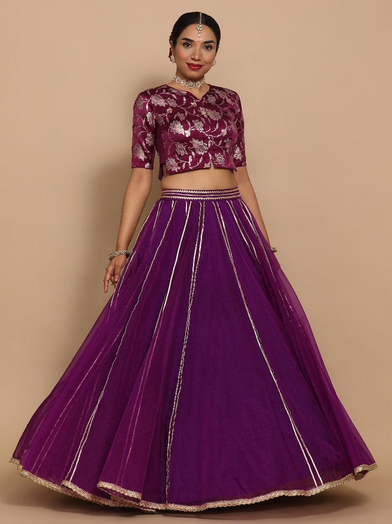 Riyana x Tyohaar | Elbow Sleeves Satin Viscose Saree Blouse in Violet Meenakari Fabric-Binks