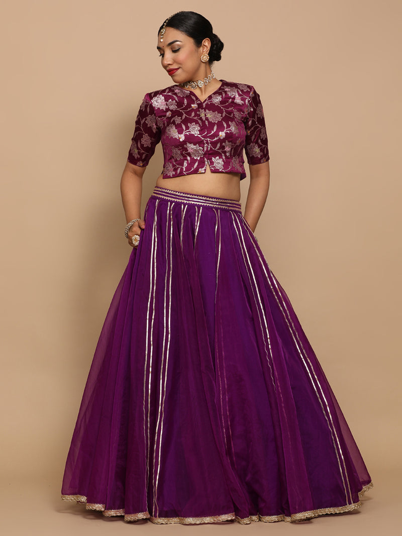 Riyana x Tyohaar | Elbow Sleeves Satin Viscose Saree Blouse in Violet Meenakari Fabric-Binks