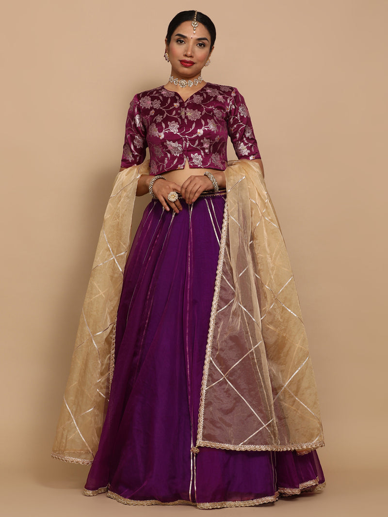 Riyana x Tyohaar | Elbow Sleeves Satin Viscose Saree Blouse in Violet Meenakari Fabric-Binks