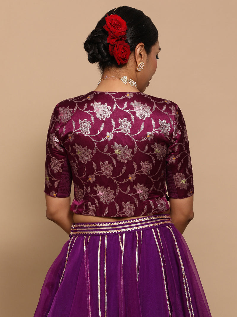 Riyana x Tyohaar | Elbow Sleeves Satin Viscose Saree Blouse in Violet Meenakari Fabric-Binks