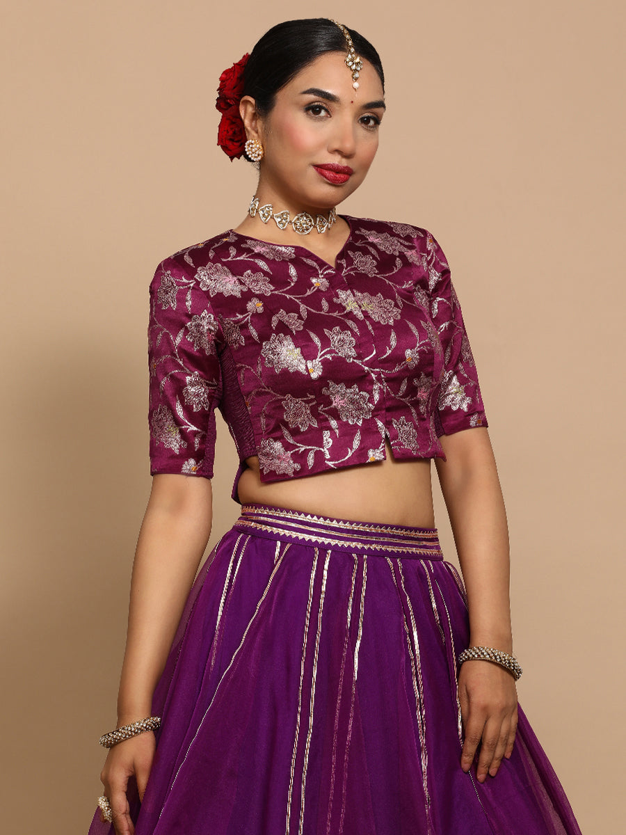 Riyana x Tyohaar Saree Blouse, in Purple Embroidery & Brocade, featuring elbow sleeves and round neckline (view 5).