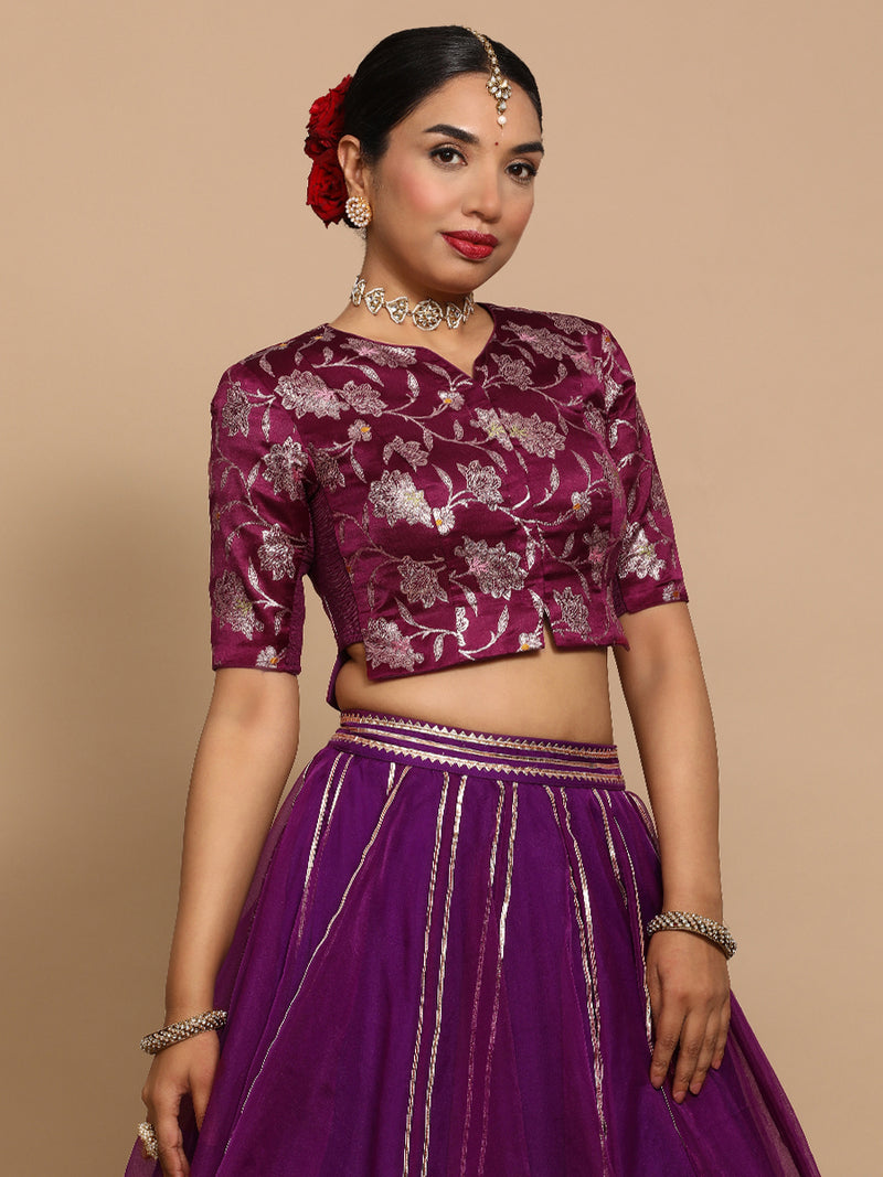 Riyana x Tyohaar | Elbow Sleeves Satin Viscose Saree Blouse in Violet Meenakari Fabric-Binks