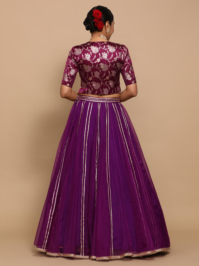 Riyana x Tyohaar | Elbow Sleeves Satin Viscose Saree Blouse in Violet Meenakari Fabric-Binks