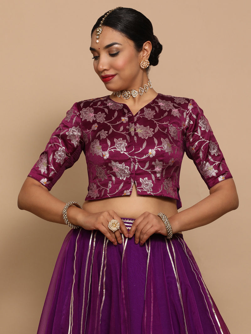 Riyana x Tyohaar | Elbow Sleeves Satin Viscose Saree Blouse in Violet Meenakari Fabric-Binks