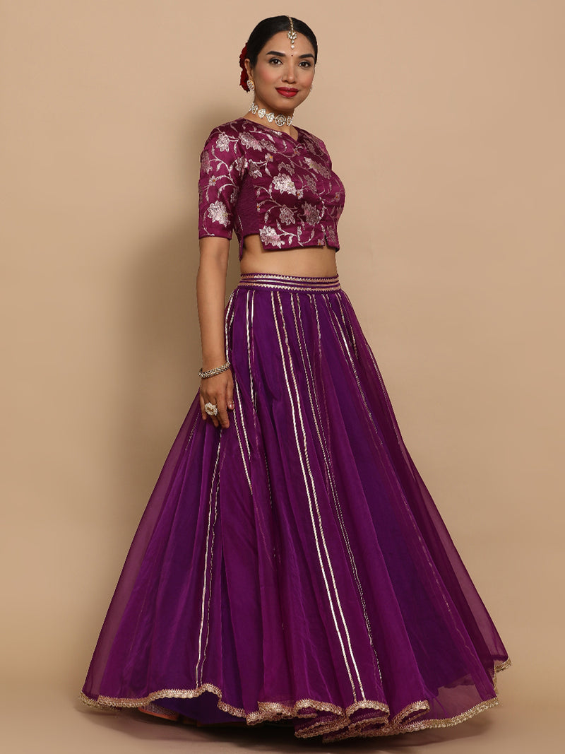 Riyana x Tyohaar | Elbow Sleeves Satin Viscose Saree Blouse in Violet Meenakari Fabric-Binks