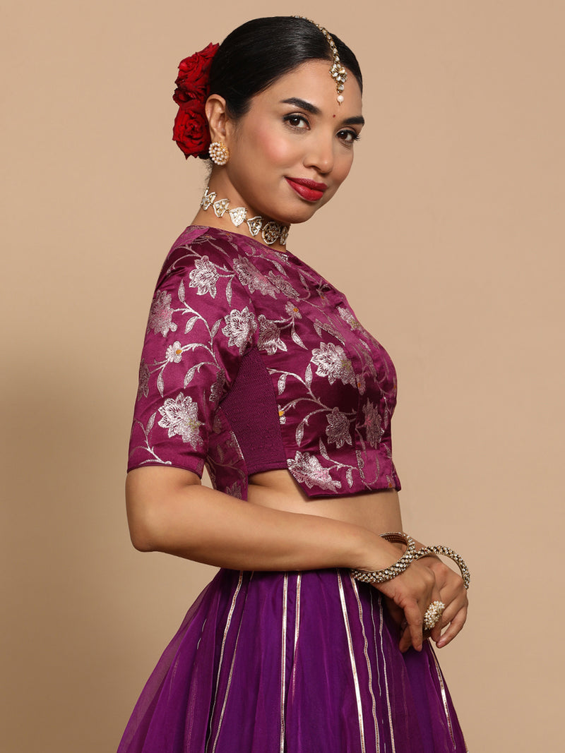 Riyana x Tyohaar | Elbow Sleeves Satin Viscose Saree Blouse in Violet Meenakari Fabric-Binks